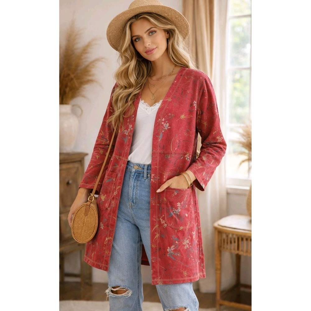 Solitaire Anthropologie Floral Open Front Duster‎ Jacket Faux Suede M Boho Chic